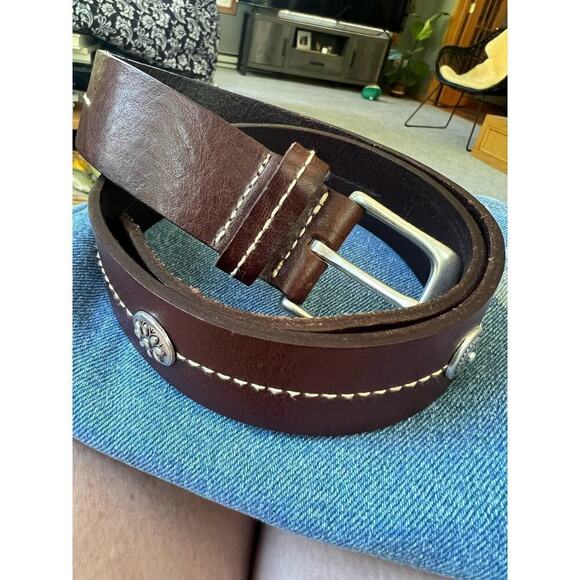 Fossil brown leather belt silver hardware and detail size M - Picture 1 of 9